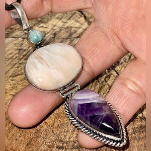 Anethyst, Amazonite & Scolecite Crystal Pendant 3 1/4”